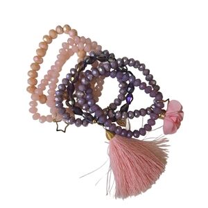 Pink & Purple Beaded Stretch Bracelet Set | Tassel & Charm Accents